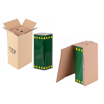 Scatola color avana per latta d'olio, mostrato aperto ed in uso